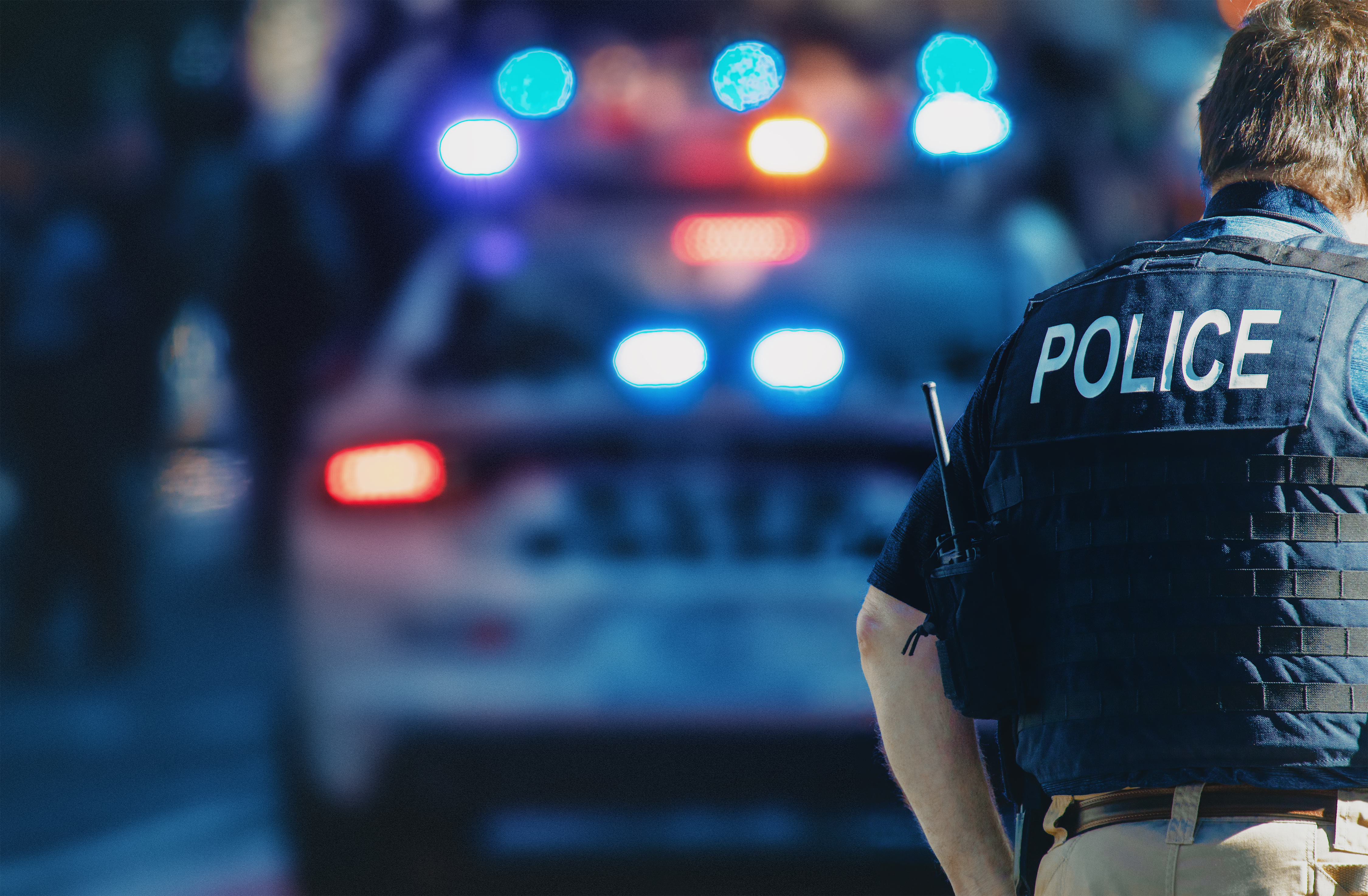 Foreground is the back of a person wearing a vest marked "POLICE," in background is blurred image of police car with flashing lights.