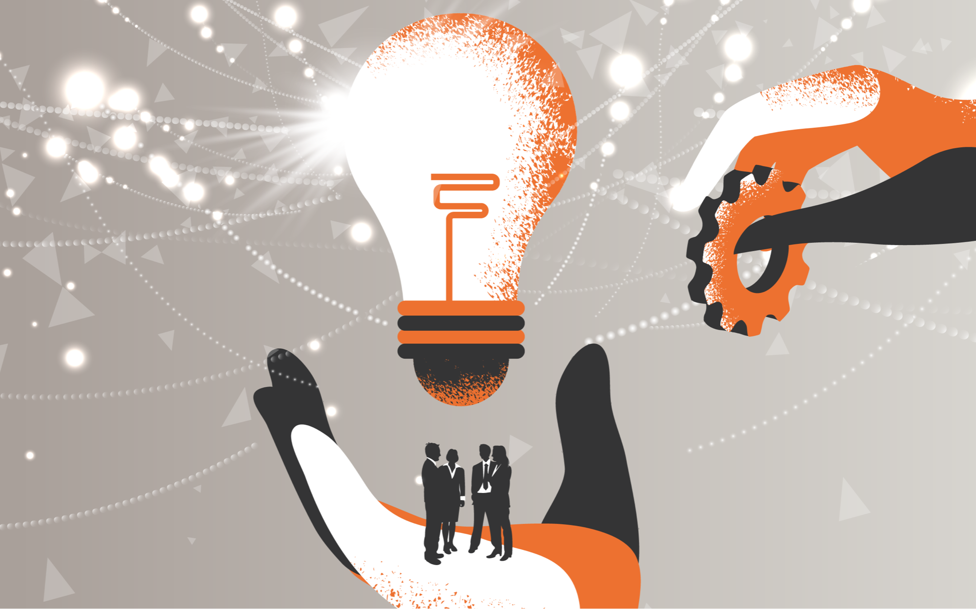 Illustration of lightbulb, gears and people