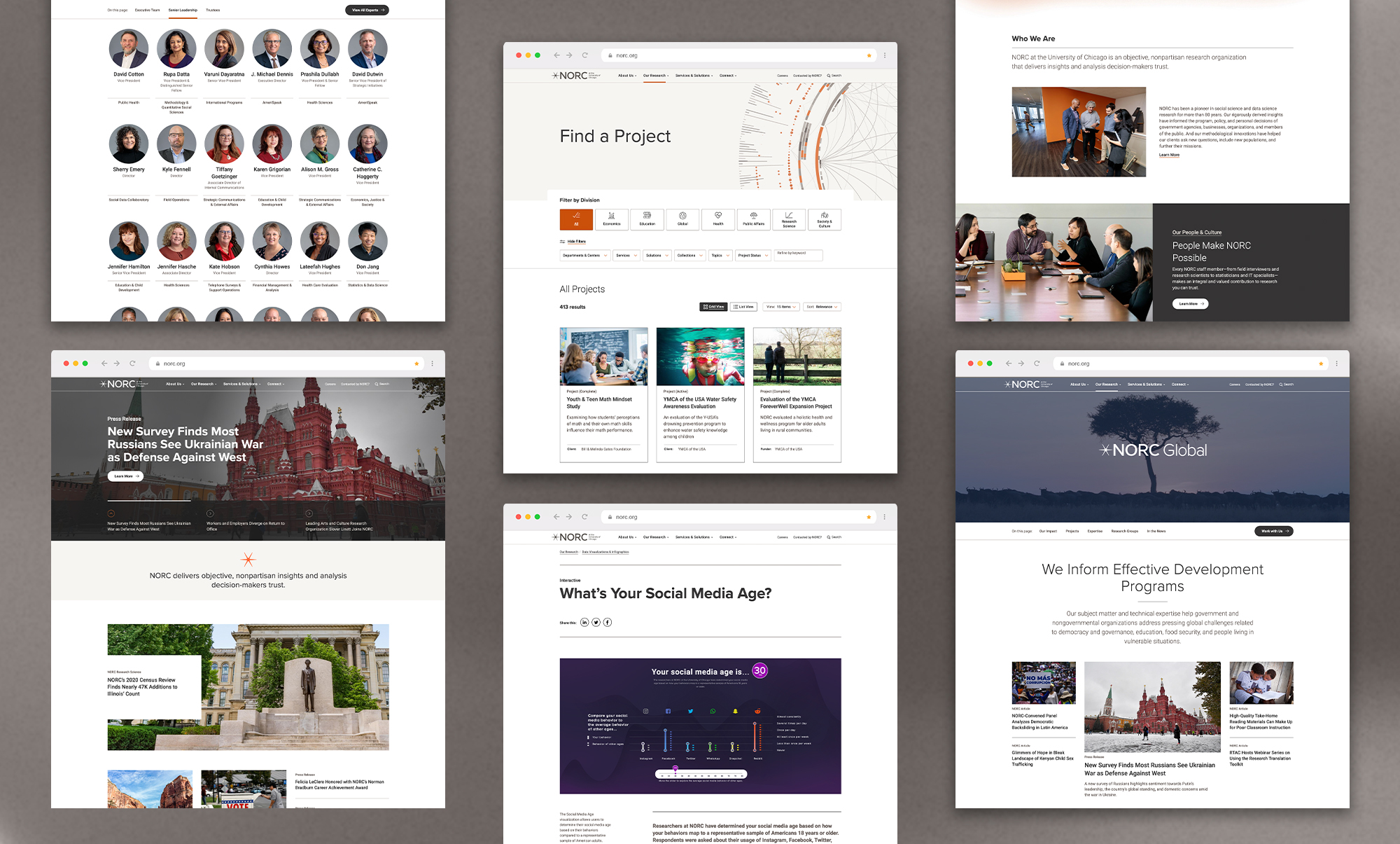 Thumbnail screenshots of NORC.org webpage designs