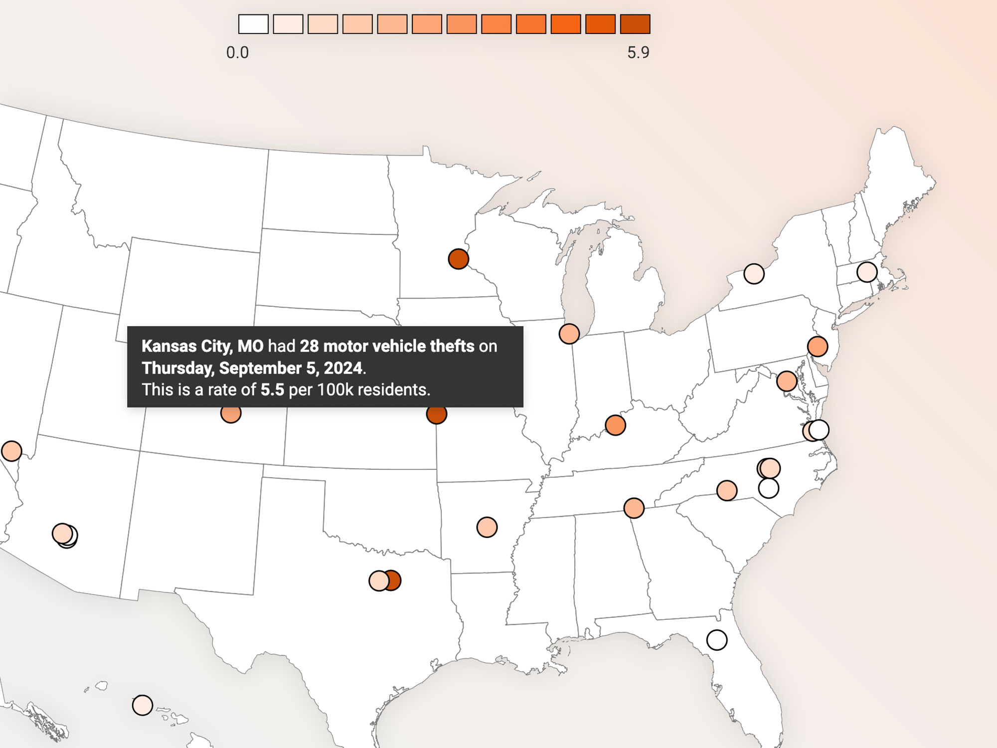 Screenshot of Daily Crime Tracker showing a map of the U.S.