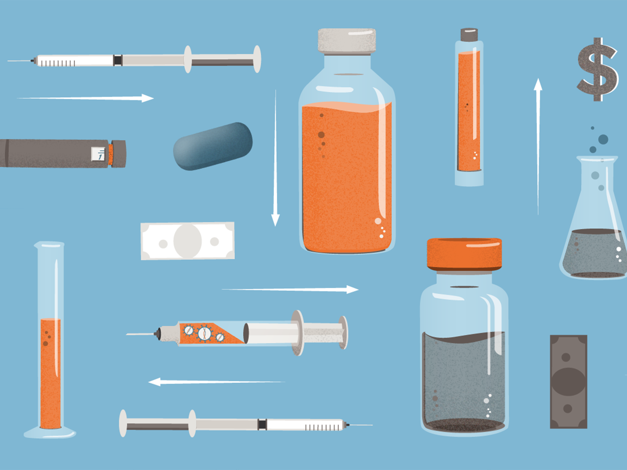 An illustration of liquid medications, injection needles, lab equipment, and money.