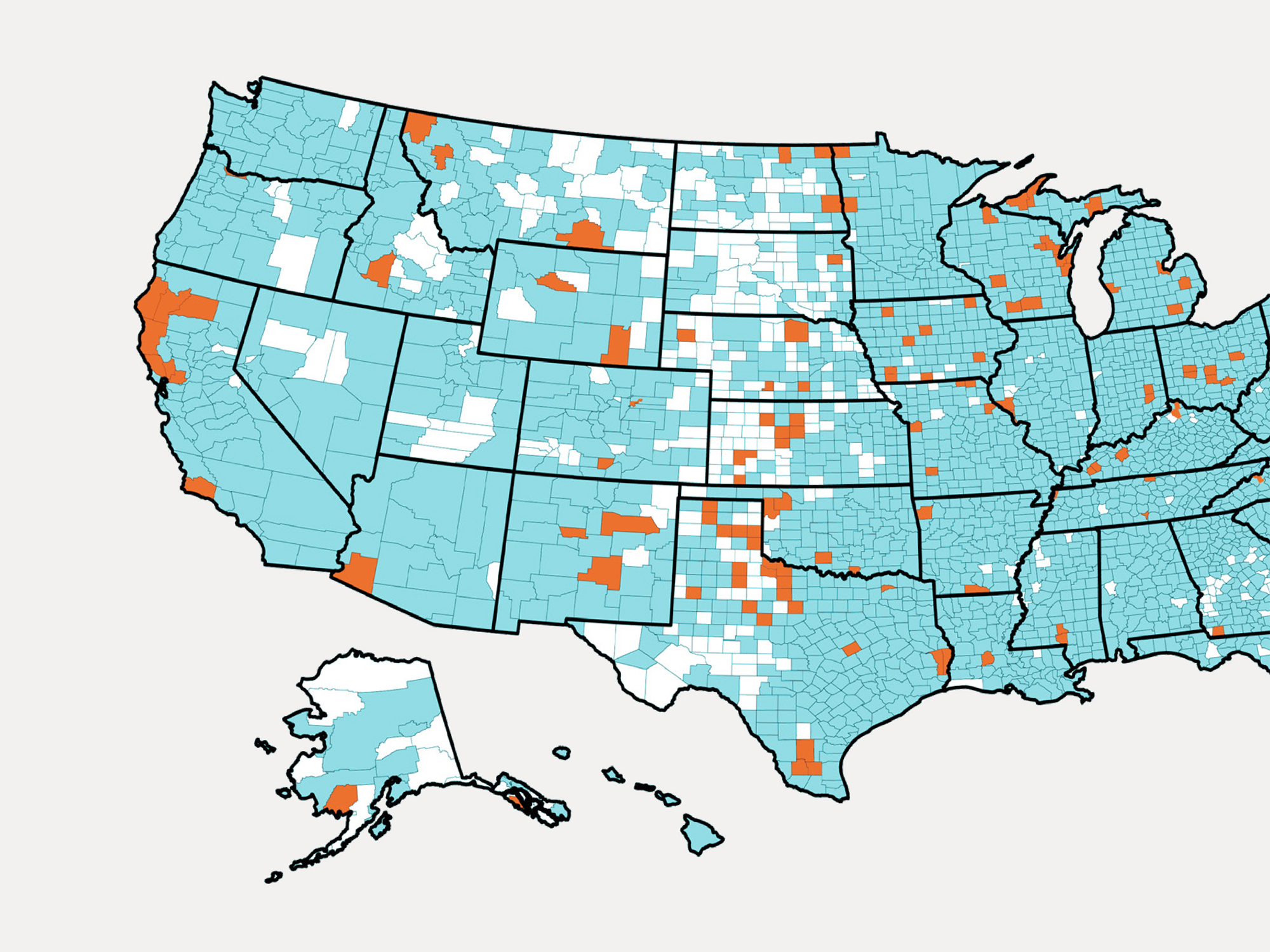 Map of the U.S with some areas shaded in teal or orange